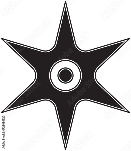 Vector illustration of a six-point ninja shuriken throwing star with central hole. Ideal for martial arts, stealth weapon, Japanese warrior design, combat emblem, or fantasy decoration.