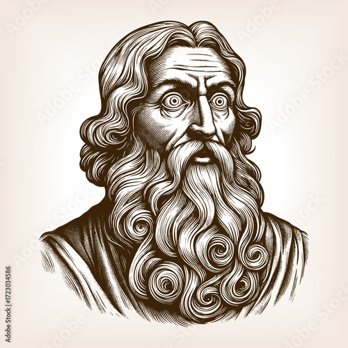 ancient philosopher with long wavy hair and flowing beard, staring intently with dramatic comic expression sketch engraving generative ai vector illustration. Scratch board. Black and white image.