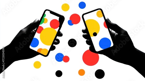 Two hands holding phones displaying colorful circles against a stark white background, creating a vibrant, abstract composition