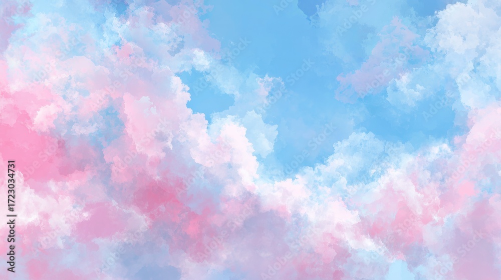 Naklejka premium Whimsical Sky with Clouds: Soft, dreamy clouds drift across a pastel-colored sky, painted with hues of pink and blue, evoking a sense of peace and wonder. 