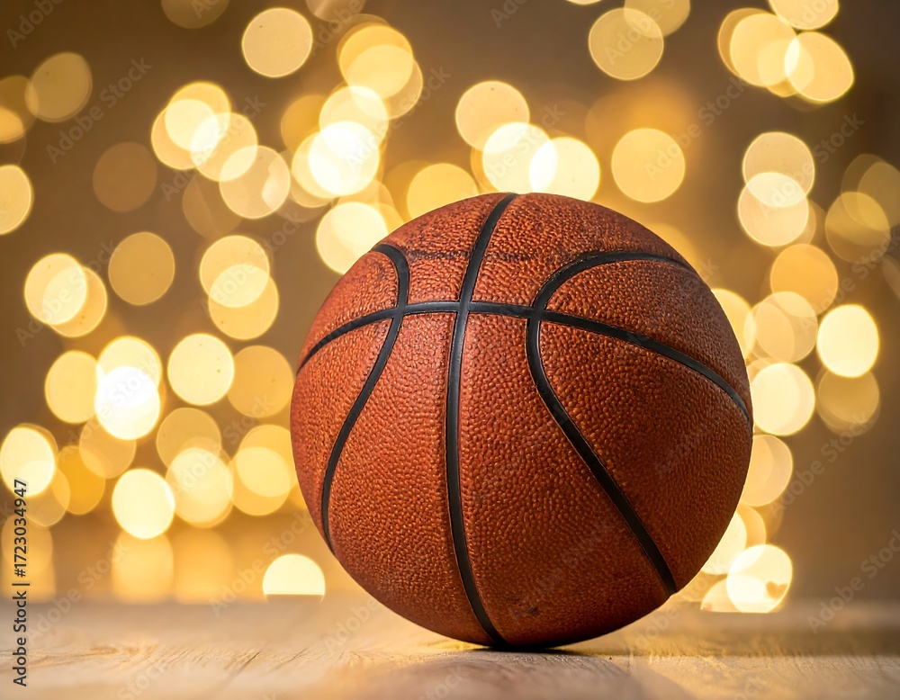 Obraz premium Basketball on a wooden surface with bokeh lights