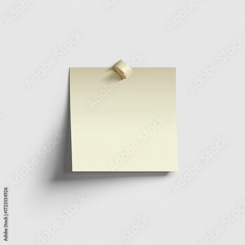 A pale yellow square sticky note, fixed to a white surface with rolled tape, casting a subtle shadow. Simple, minimalist composition