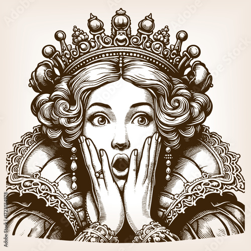 royal queen wearing an ornate crown and jewelry, with wide eyes and surprised expression sketch engraving generative ai fictional character vector illustration. Scratch board. Black and white image.