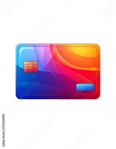 Vibrant, abstract design on a credit card mockup, showcasing swirling blue, purple, orange, and yellow hues.  A chip and magnetic stripe are visible