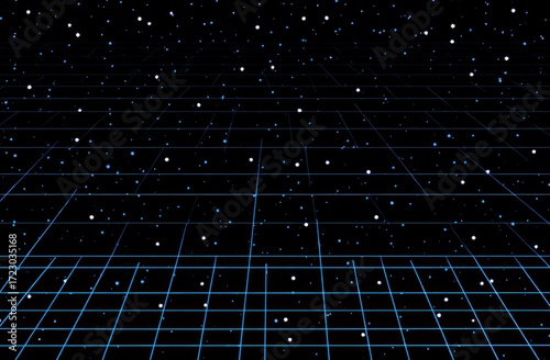 Retro-inspired space illustration shows a vibrant blue grid vanishing into a star-filled, dark blue background