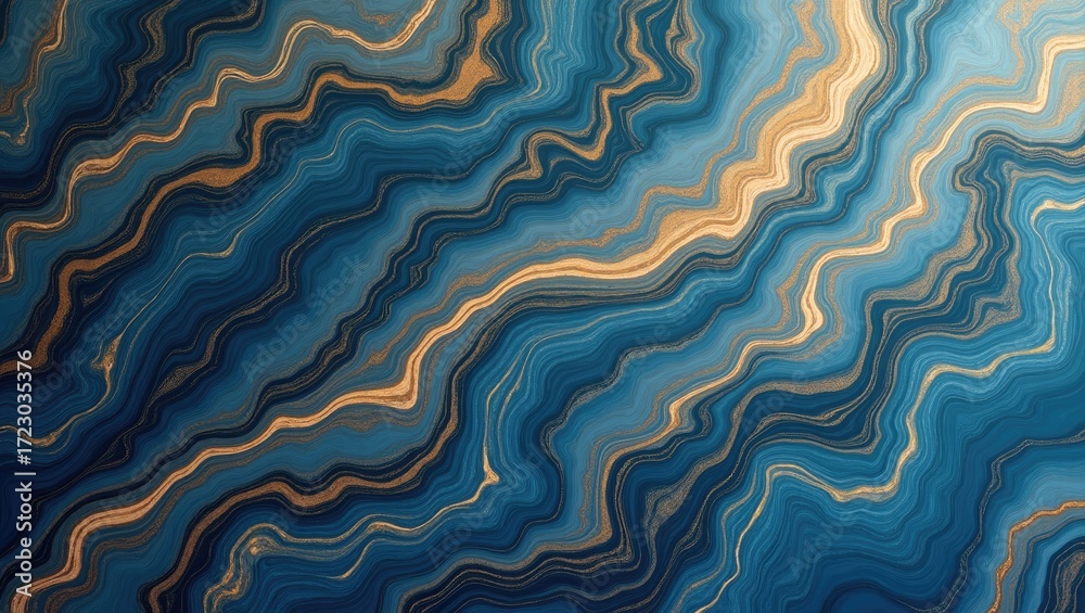 Fototapeta premium A mesmerizing design featuring flowing, wavy lines in shades of deep blues and golds, creating a captivating abstract pattern.