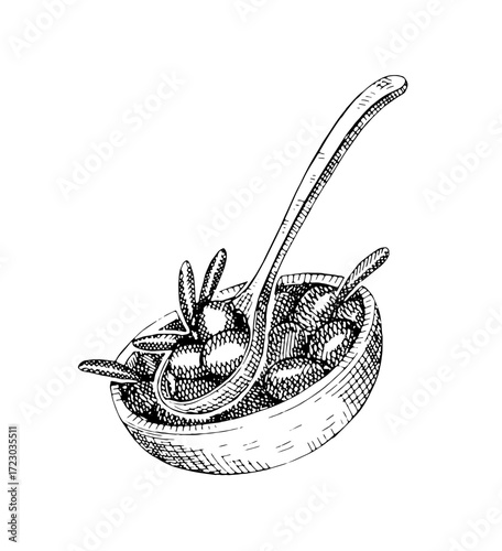 Ceramic bowl is full of olive fruit. Engraved sketch of dish with berries and leaves. Vintage drawing pot with spoon and organic food. Hand drawn isolated vector illustration on white background