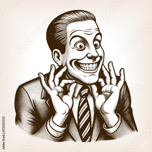 man, smiling widely with an exaggerated grin while holding his hands near his face in a quirky, humorous pose sketch engraving generative ai fictional character vector illustration. Scratch board. 