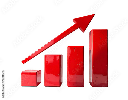 A 3D rendered bar graph with a red, upward-pointing arrow showcasing growth and positive trend, featuring glossy, textured bars