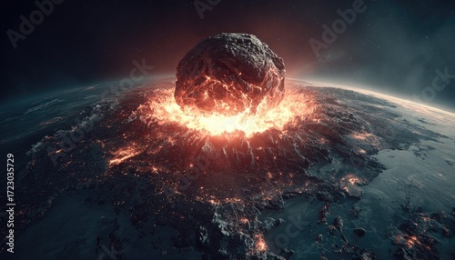Giant asteroid impact on Earth, fiery crater