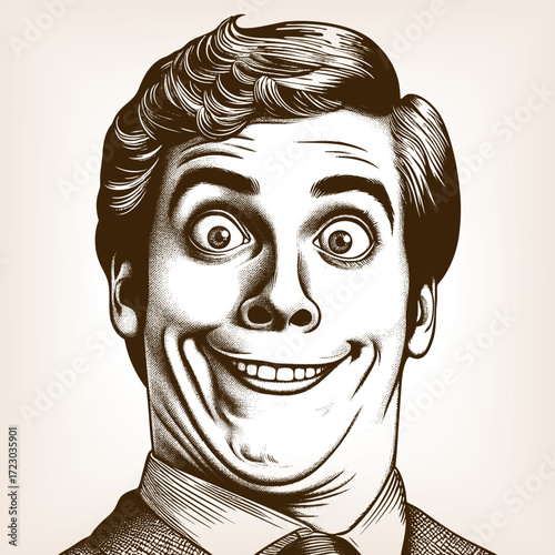 man, smiling with wide funny expression and bulging eyes in comic engraving style sketch engraving generative ai fictional character vector illustration. Scratch board imitation. Black and white image