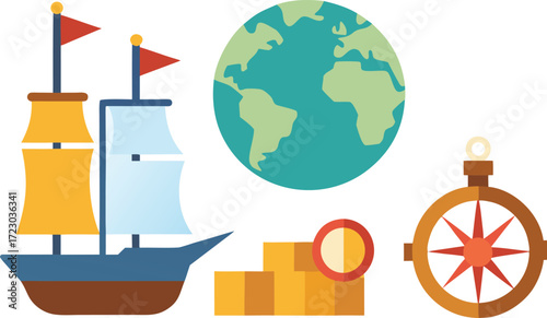 Columbus day vector bundle ships compass map globe nautical elements illustration eps vector
