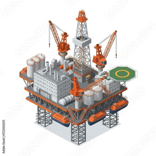 Isometric Offshore Oil Rig Platform with Cranes and Lifeboats