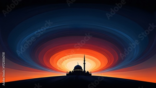 Islamic mosque silhouette against sunset sky abstract art wallpaper background design