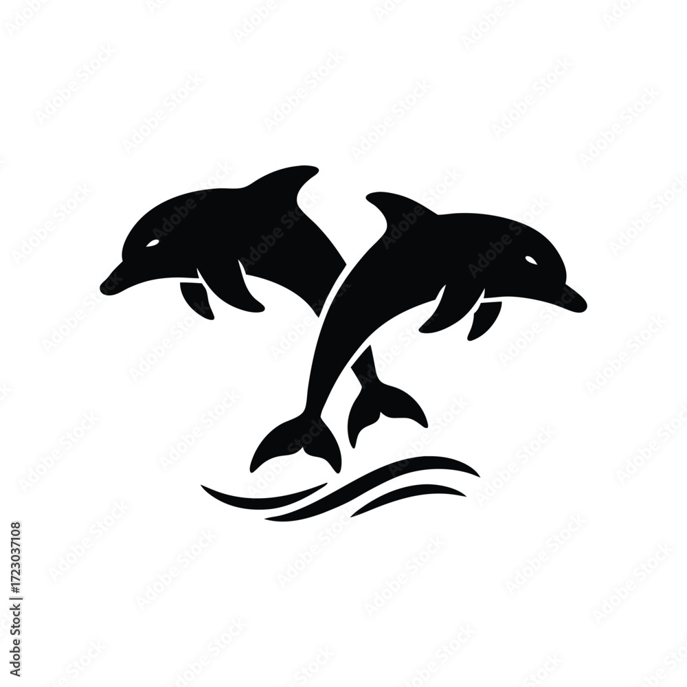 Naklejka premium Jumping Dolphins Silhouette Over Waves