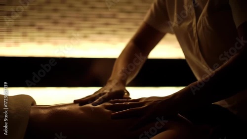 A skilled therapist provides a soothing back massage in a dimly lit spa setting.