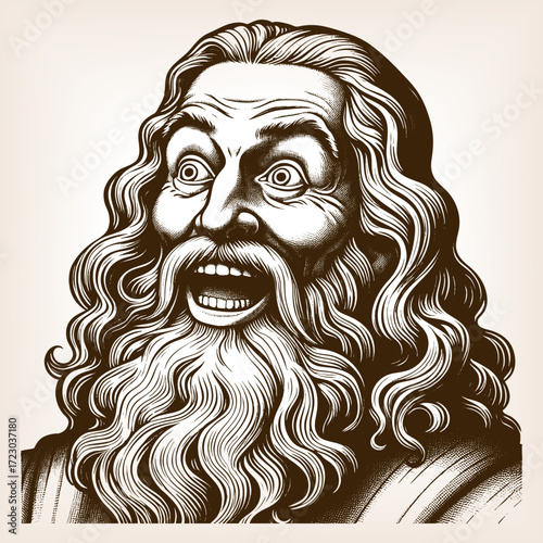 old man with curly beard, wide eyes, and open mouth, wearing a soft Renaissance-style cap sketch engraving generative ai fictional character vector illustration. Scratch board. Black and white image.