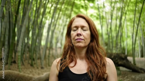 A serene woman with closed eyes, bathed in the tranquil light of a lush bamboo forest.