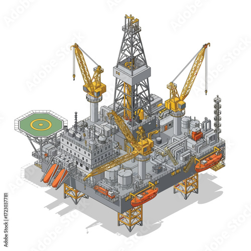 Isometric illustration of an offshore oil drilling rig, an industrial platform crucial for petroleum extraction and global energy production, highlighting complex engineering