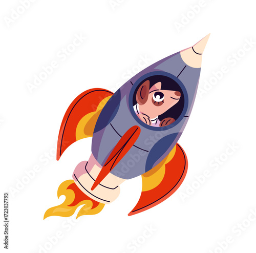 Funny animal spaceman flies on rocket in cosmos. Cute character astronaut is flying on spaceship. Flight of spacecraft. Launch of shuttle into space. Flat isolated vector illustration on white