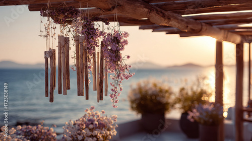 Driftwood Wind Chimes and Wildflowers on Coastal Terrace – Boho Chic Sunset Decor | 300 DPI