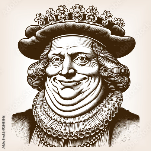 plump king, ornate clothing, and ruffled collar, smiling with exaggerated comic expression sketch engraving generative ai fictional character vector illustration. Scratch board. Black and white image.
