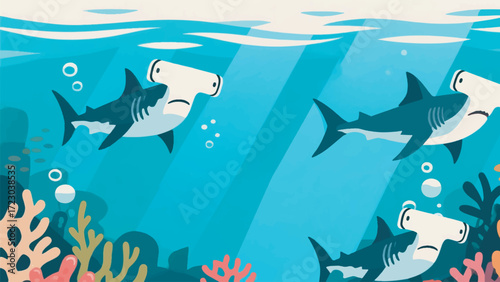 Illustration of a group of hammerhead sharks swimming together among colorful coral reefs Vector Design Template