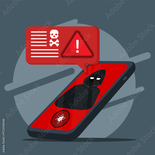 Illustration of smartphone malware attack with hacker alert, warning sign, and virus icon. Symbolizing cybersecurity threat, data breach, and online fraud risks.