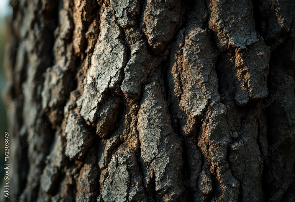 Fototapeta premium Close-up view of a textured tree trunk, showcasing intricate patterns and deep, varied tones of gray and brown.