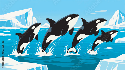 Illustration Of A Group Of Orcas Jumping From The Water With An Iceberg In The Background Vector Design Template