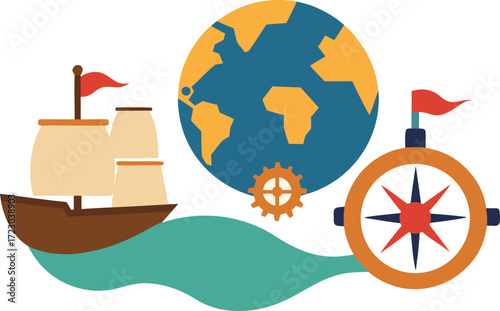 Columbus day ships compass map globe vector illustration elements bundle vector