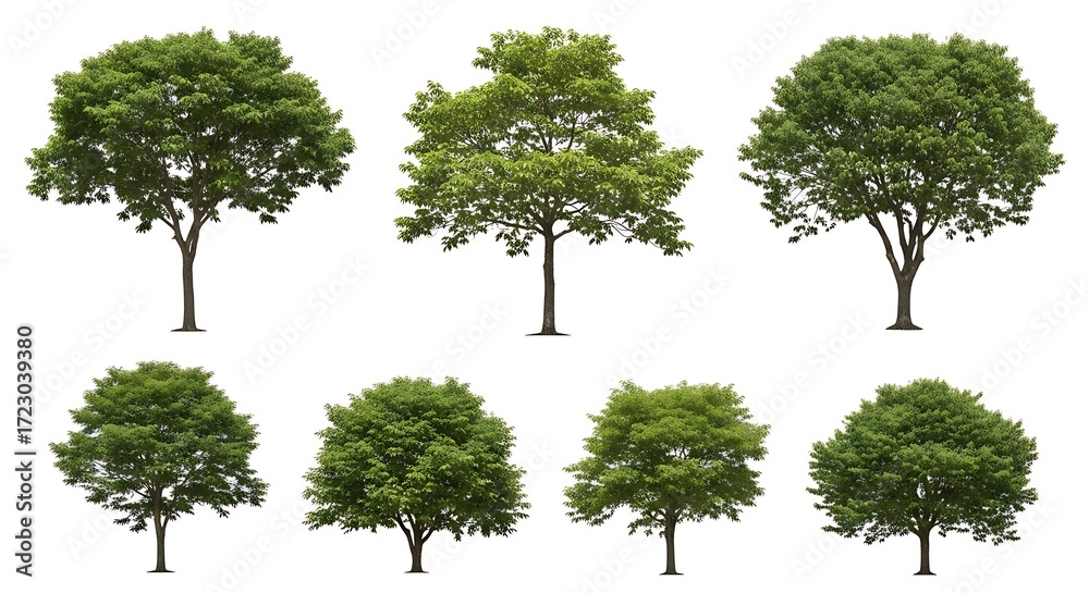 Fototapeta premium Collection of eight lush green trees isolated on white.