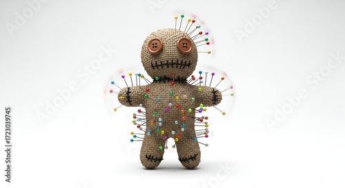 Isolated effigy representing a person, a burlap voodoo doll, being tormented with an array of colorful pins on a stark white surface, symbolizing a curse