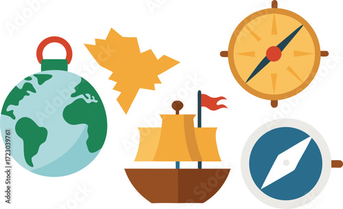 Columbus day vector elements bundle ships compass map globe illustration scalable eps vector
