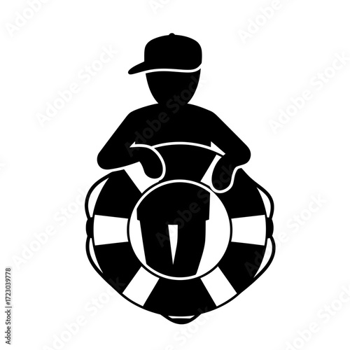 Silhouette of a Lifeguard with a Life Preserver Ready for Action