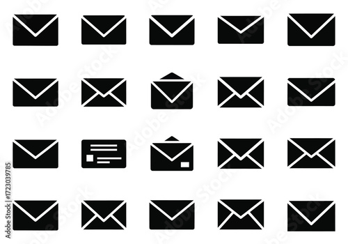 Collection of black envelope icons on a, representing communication and mail services