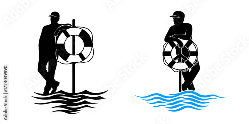 Two Lifeguard Silhouettes with Lifesaving Equipment