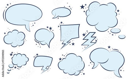 Speech bubbles and shapes with stars. Set of frames for speech, thoughts, and ideas. Soft sky blue comic shapes for text, vector elements
