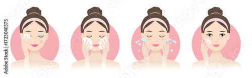 Cute woman with steps skincare night routine set vector illustration. Night routine series, makeup removal, cleansing, face wash and applying moisturizer. Skincare, beauty routine and self care.