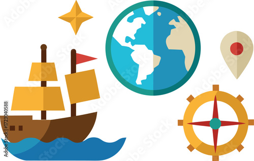 Columbus day elements bundle vector ships compass map globe and navigation icons for eps vector