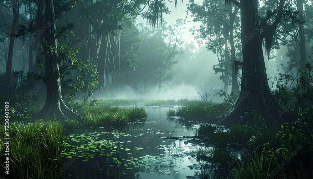 Obraz premium Misty swamp with sunlight