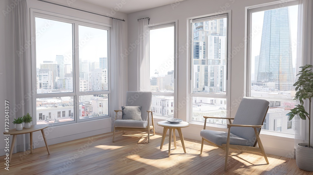 Fototapeta premium Modern living room showcasing minimalist design with clean lines and soft natural light from large windows. lifestyle magazines.