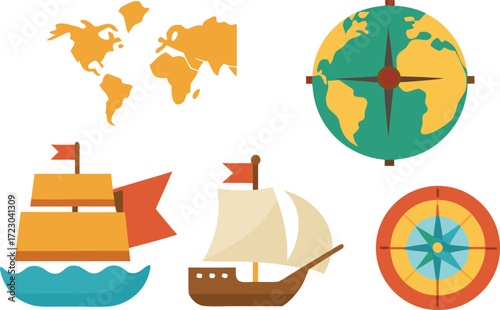 Columbus day ships compass map vector bundle illustration scalable eps icon vector