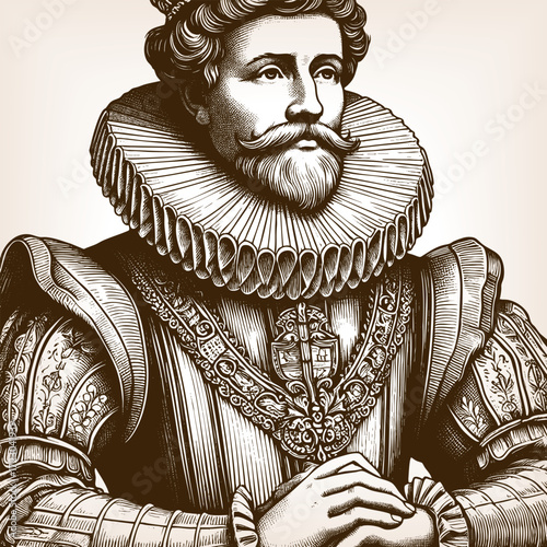 aristocratic man with mustache and beard, wearing ornate clothing and a large ruffled collar sketch engraving generative ai fictional character vector illustration. Scratch board. Black and white.
