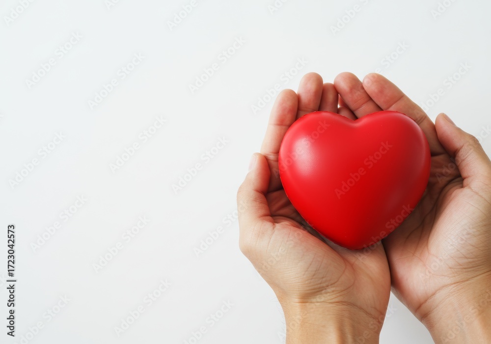 Obraz premium Hands Gently Holding a Red Heart Against a White Background