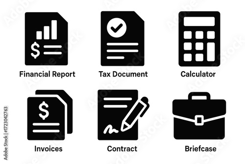 Financial report, tax document, calculator, invoices, contract, briefcase icons in black and white
