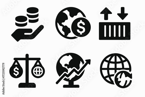 Economic growth icons: currency, trade, balance, global markets, exchange rates