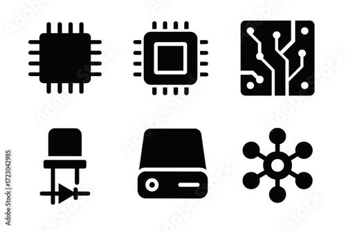 Set of six electronic component icons: microchip, circuit board, diode, network node