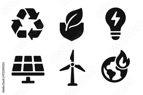 Eco-friendly icons: recycling, renewable energy, and environmental conservation symbols