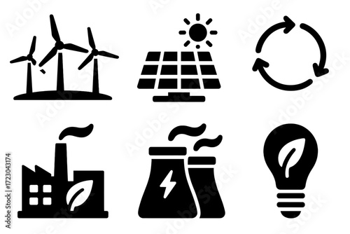 Renewable energy icons featuring wind turbines, solar panel, recycling, factory, power plant, light bulb